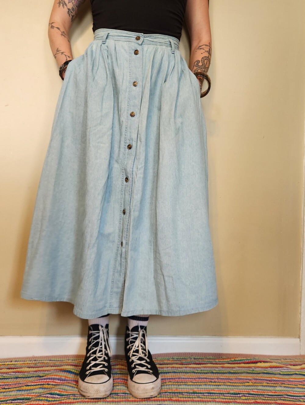 Vintage 1980s Levi’s Dockers 100% Cotton Chambray Midi Skirt - Picture 9 of 16